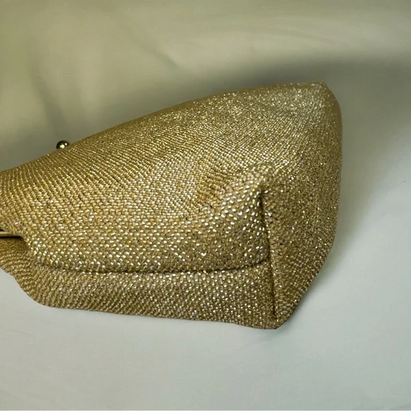 Vintage Gold Metallic Lamé Beaded Kiss Lock Clutch Handbag Satin Interior EUC - Picture 9 of 11